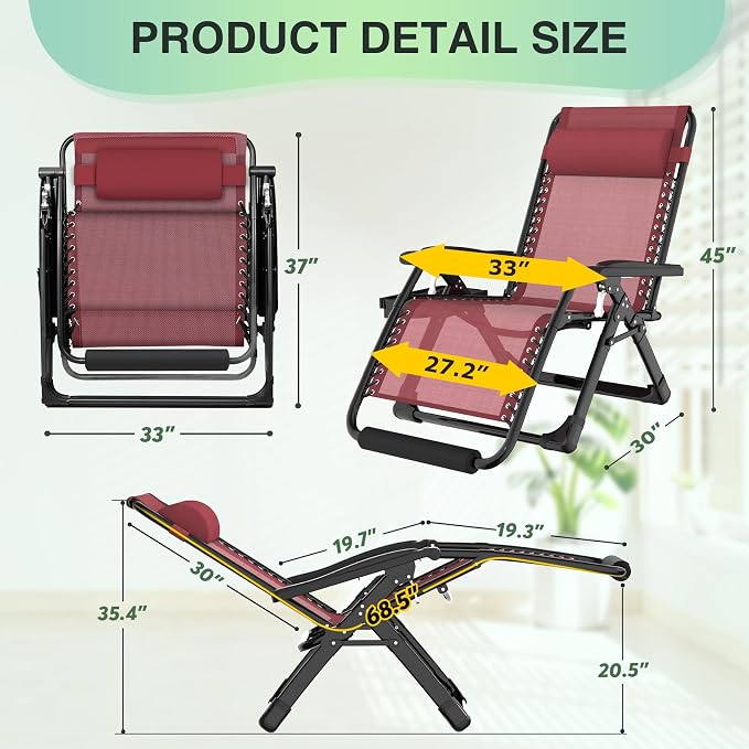 Suteck Oversized Zero Gravity Chair,500LBS 33In XXL Outdoor Recliner Chairs | w/Removable Cushion&Headrest, Camping Lounge Chair w/ Upgraded Lock&Footrest, Reclining Patio Chairs for Indoor Outdoor