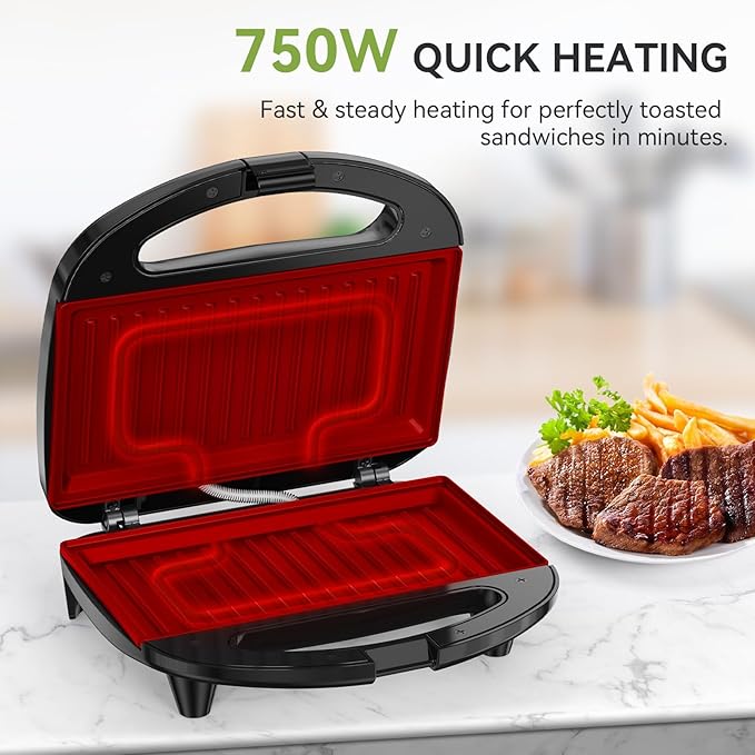 OSTBA Panini Press Sandwich Maker, 2-Slice Sandwich Toaster Grill | 750W Heating with Raised Nonstick Grill Plates, Indicator Lights, Cool-Touch Handle, Cord Wrap Storage and Easy Cleanup