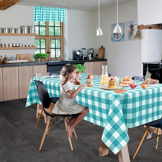 Hiasan Plaid Tablecloth Waterproof, 2 Pack, 60 x 84 inch - Checkered Table Cloth Rectangle for Spring Party/Outdoor Picnic/Kitchen Dining, Turquoise and White
