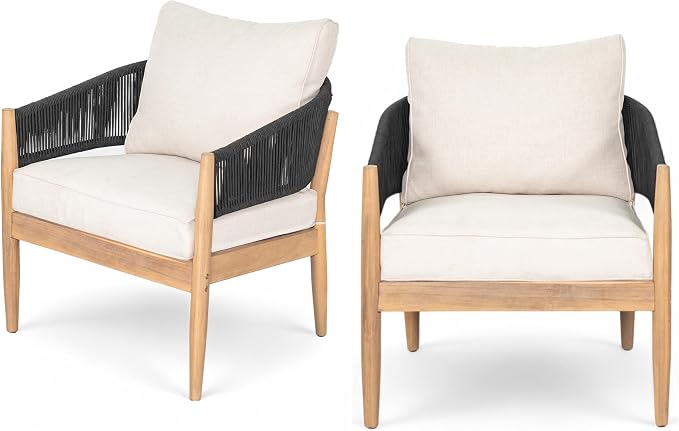 Christopher Knight Home Naomi Set of 2 Patio Acacia Wood Club Chair with Cushions, Handwoven Rope Lounge Chair Outdoor for Porch/Backyard, Stylish Garden Seating with Curved Backrest, Beige + Black