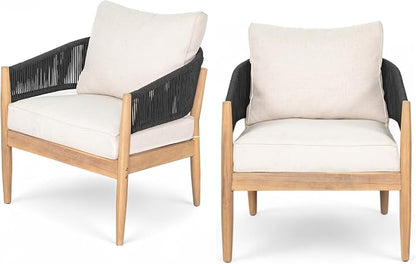 Christopher Knight Home Naomi Set of 2 Patio Acacia Wood Club Chair with Cushions, Handwoven Rope Lounge Chair Outdoor for Porch/Backyard, Stylish Garden Seating with Curved Backrest, Beige + Black