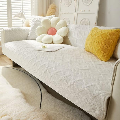 vctops Geometric Jacquard Plush Sofa Couch Covers Farmhouse Neutral Non Slip Sectional Couch Cover Soft Warm Sofa Slipcover for Dogs, Children, Pets Furniture Protector (White,36"x94")