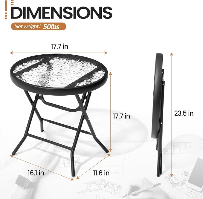 Foldable Side Table with Tempered Glass Top, 2 Pack Black & White | 18" Small Patio Side Tables Outdoor for Porch Yard Balcony Deck Lawn Garden