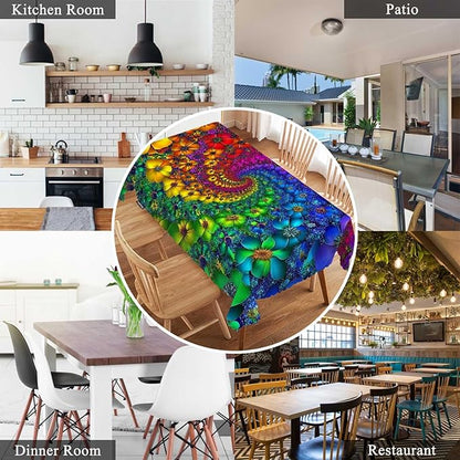 Swono Tie Dye Tablecloth Rainbow Spirals Flower Petals Tie Dye Rectangle Table Cloth Washable Plaid Table Cover for Kitchen Holiday Dinner, 52x 70 Inch Tablecloth