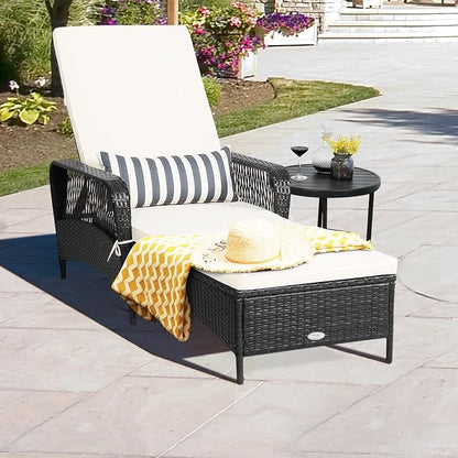 HAPPYGRILL Patio Chaise Lounge Chair Outdoor Rattan Wicker Recliner with Thick Cushion, Lumbar Pillow, Adjustable Backrest for Garden Porch Lawn Poolside