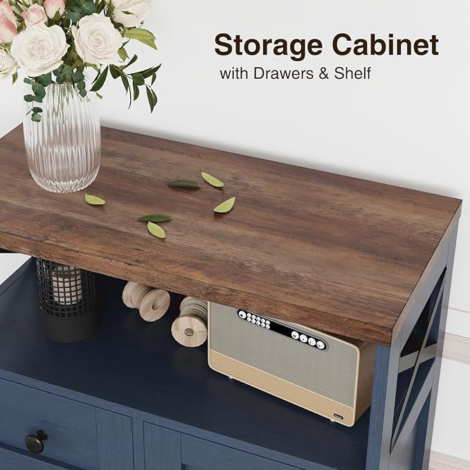Befrases Farmhouse Blue Storage Cabinet with Barn Doors and Drawers, Small Freestanding Kitchen Pantry Cabinet, Hutch Cupboard for Kitchen, Laundry, Living Room,Bathroom
