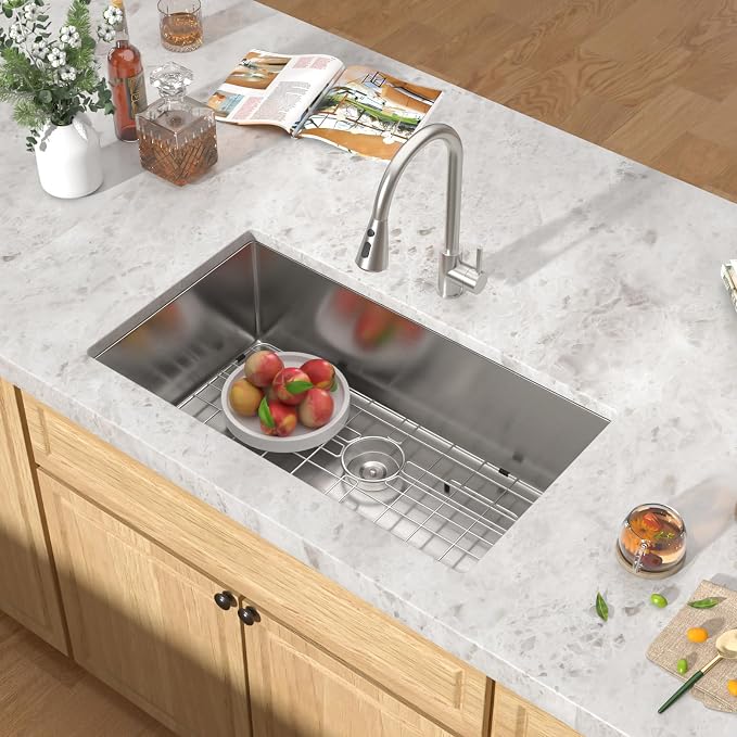 Undermount Kitchen Sink - 33 Inch Undermount 16 Gauge Stainless Steel Kitchen Sink Under Counter Single Bowl Sinks Round Corner, 33"x19"x9" #TLU-0024