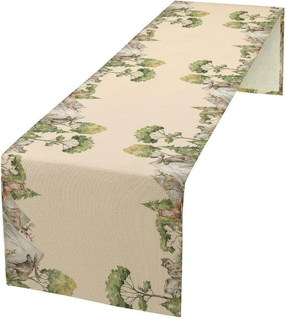 Winter Forest Reindeer Pine Tree Table Runner, Christmas Elk Watercolor Sparrow Home Kitchen Dining Table Decoration for Home Party Decor 13x36 Inch