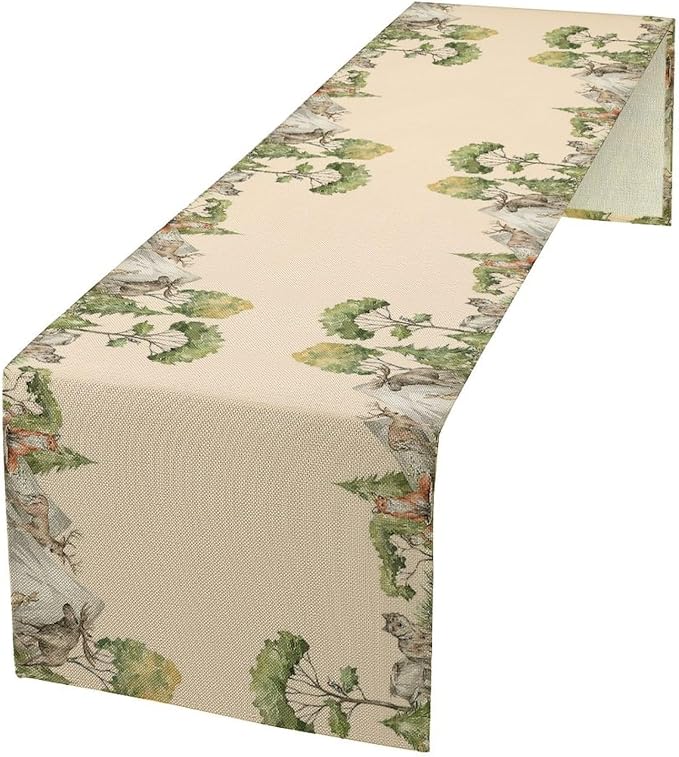 Winter Forest Reindeer Pine Tree Table Runner, Christmas Elk Watercolor Sparrow Home Kitchen Dining Table Decoration for Home Party Decor 13x70 Inch