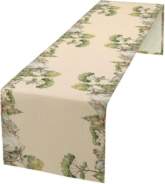 Winter Forest Reindeer Pine Tree Table Runner, Christmas Elk Watercolor Sparrow Home Kitchen Dining Table Decoration for Home Party Decor 13x70 Inch
