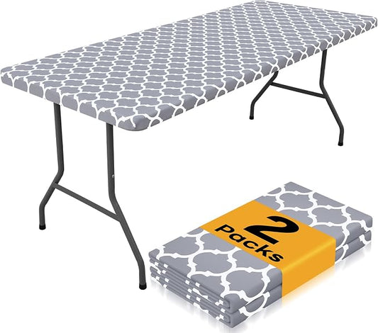 Smiry 2 Pack Rectangle Table Cloth 4 Foot, Waterproof Elastic Fitted Tablecloths, Windproof Washable Polyester Table Cover for Picnic, Camping, Outdoor (Grey, 30"x48")