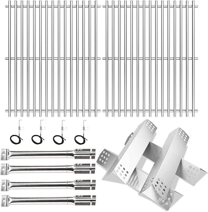 Hisencn Replacement Parts for Master Forge 1010037 1010048 Gas Grill Models, Stainless Steel Burners, Stainless Heat Plates Tent Shield and Cooking Grids Grill Grate Repair Kit