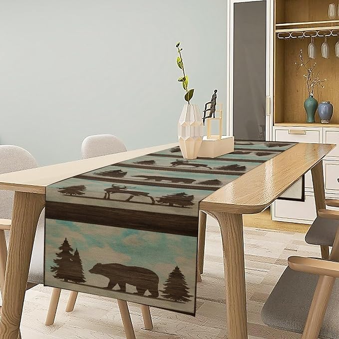 Vintage Bear Deer Table Runner Retro Forest Animal Western Wildlife Fall Winter Wild Elk Moose Tree Dresser for Home Kitchen Dining Patio Holiday Party Table Decorations, 13"x108" Inch