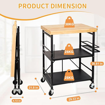 PLKOW Plus-Size Foldable 3-Tier Kitchen Cart with Solid Oak Top, Black | Solid oak top, fold-flat steel frame, 3-tier storage, side organizers, and lockable wheels for kitchens and patios.