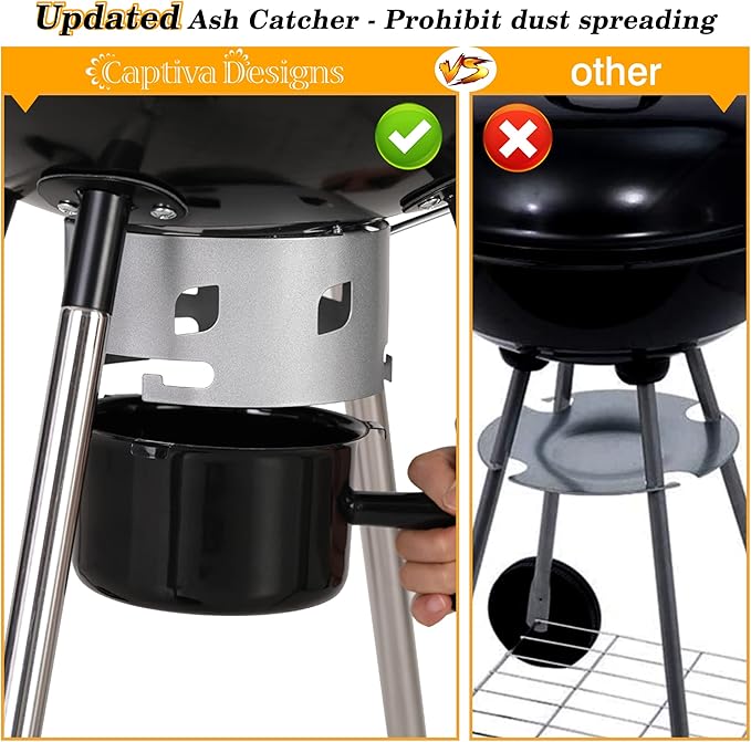 Captiva Designs 18-inch Kettle Charcoal BBQ Grill with Porcelain-Enameled Lid & Bowl, Thick Chromplated Grate, Slid Out Ash Catcher for Outdoor Cooking, Picnic, Patio, Backyard