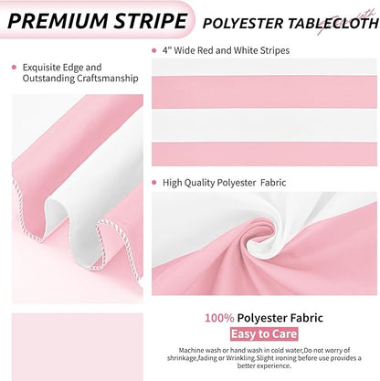 2 Pack Pink and White Striped Tablecloth Rectangle 60x84inch Polyester Fabric Washable Table Cloth for Afternoon Tea Birthday Party Picnic Barbecue Gathering Indoor Outdoor Dining Table Decor