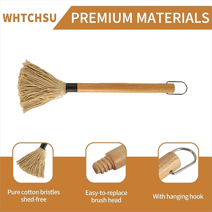 15.5 Inch BBQ Mop Brushes for Sauce, Grill Basting Mop Wooden Long Handle BBQ Mop with 1 Extra Replacement Heads for BBQ Grilling Smoking Steak