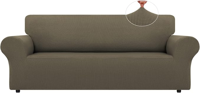 LURKA Stretch Couch Cover for Sofa, 1 Piece 3 Cushion Slipcover, Khaki | Soft Stretch Jacquard, Fits 78"-94" Sofas, Elastic Bottom for Secure Fit, Machine Washable, Pet & Kid Friendly