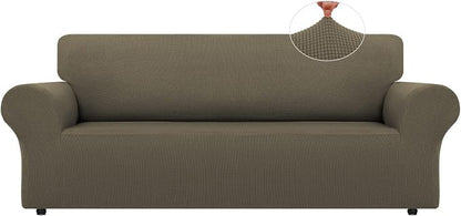 LURKA Stretch Couch Cover for Sofa, 1 Piece 3 Cushion Slipcover, Khaki | Soft Stretch Jacquard, Fits 78"-94" Sofas, Elastic Bottom for Secure Fit, Machine Washable, Pet & Kid Friendly