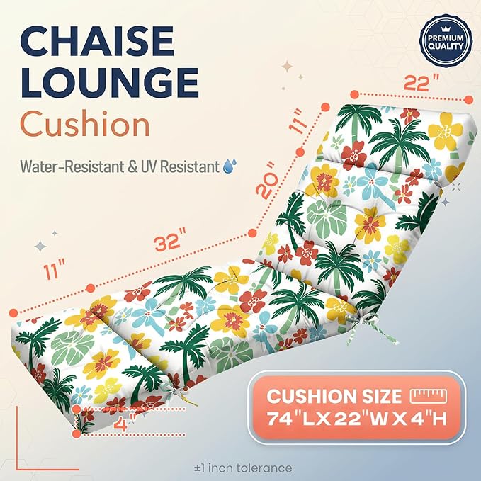 MAGIC ELEPHANT Chaise Lounge Cushion Outdoor, Memory Foam Patio Lounge Chair Cushion with Ties for Outdoor Furniture, 74 x 22 x 4 Inch (Hawaiian Palm Floral)