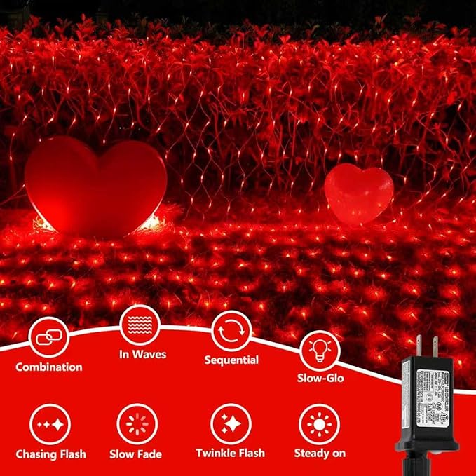 QITONG Red Net Lights Outdoor Mesh Lights, 360 LED 12ft x 5ft Christmas Net Light Plug in, 8 Modes Clear Wire Bush Light