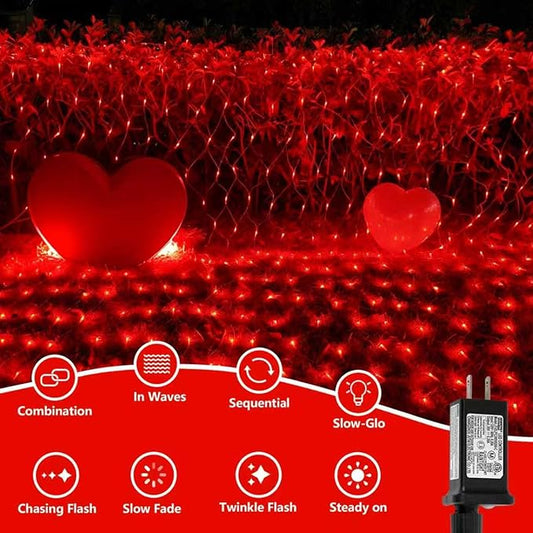QITONG Red Net Lights Outdoor Mesh Lights, 360 LED 12ft x 5ft Christmas Net Light Plug in, 8 Modes Clear Wire Bush Light