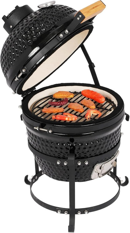 Kamado Egg Grill with Built-in Thermometer, Cast Iron Grates, Bamboo Handle, Portable Ceramic Grill for Backyard, Patio, Deck, Black