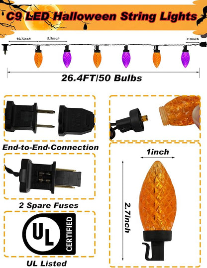 Halloween C9 String Lights Outdoor, 26.4Ft C9 Halloween Decorations Lights with 50 LED Orange and Purple Lights Waterproof, Hanging Plug in Lights String for Outside Holiday Party Patio Yard Decor