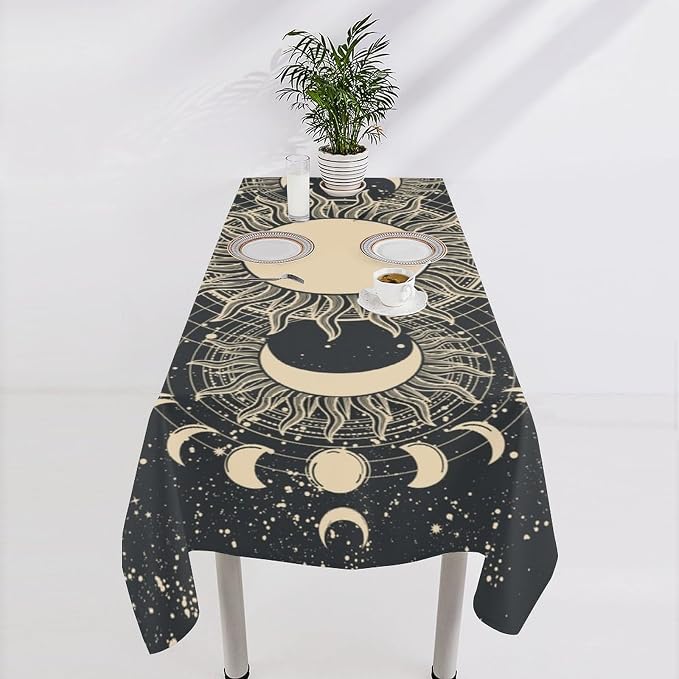 Vintage Tarot Tablecloth Boho Mystical Astrologer Zodiac Full Moon Phases Star Galaxy Space Table Cloth Water Resistant Wipeable Table Cover for Picnic Party Holiday Kitchen Dinner Table 55"x55"