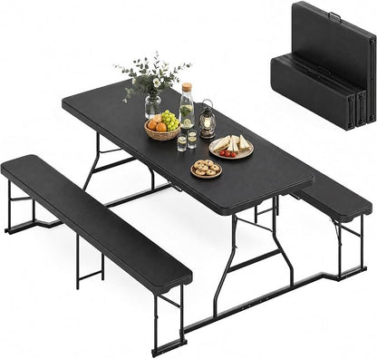 YITAHOME 6ft Outdoor Picnic Table with Wood-Like Tabletop, Sturdy Steel Frame and Umbrella Opening, Heavy Duty Picnic Table Ideal for Yard, Patio, Lawn Gatherings, Black