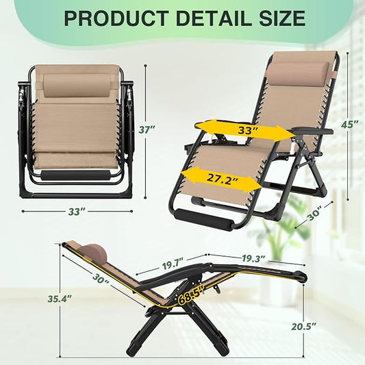 Suteck Oversized Zero Gravity Chair,500LBS 33In XXL Outdoor Recliner Chairs | w/Removable Cushion&Headrest, Camping Lounge Chair w/ Upgraded Lock&Footrest, Reclining Patio Chairs for Indoor Outdoor