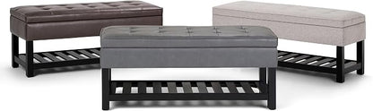 SIMPLIHOME Cosmopolitan Storage Ottoman Bench - 44 inch Wide Upholstered Vegan Leather Rectangle Storage Ottoman in Stone Grey, Transitional Bench for Bedroom with Tufted Lift-Top and Open Shelf