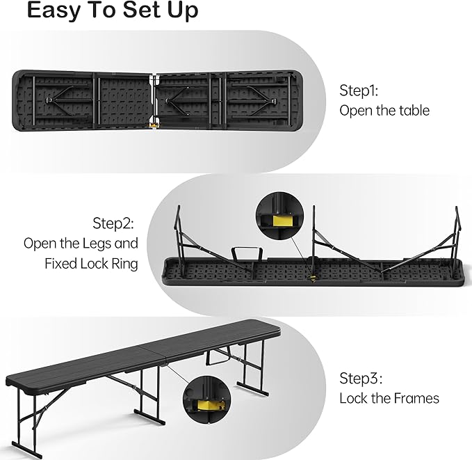 VSOAEIL 6 Foot Folding Bench, 6 FT Foldable Plastic Bench Indoor & Outdoor | 6 Feet Portable Bench Seating with Handle and HDPE Tabletop - Party, Dining, Picnic, Camping, Sports, Temporary Events, Black