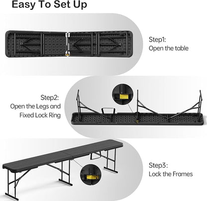 VSOAEIL 6 Foot Folding Bench 2 Pack, Foldable Plastic Bench Indoor Outdoor | 6 Feet Portable Bench Seating with Handle and HDPE Tabletop - Party, Dining, Picnic, Camping, Sports, Temporary Events, Black