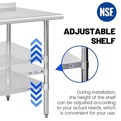 Hally Stainless Steel Table for Prep & Work 14 x 60 Inches, NSF Commercial Heavy Duty Table with Undershelf and Backsplash for Restaurant, Home and Hotel