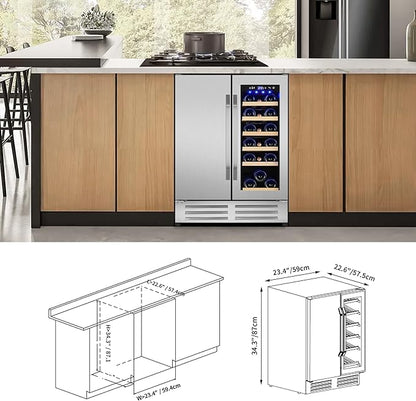 24 Inch Wine and Beverage Refrigerator, Dual Zone Wine Beverage Cooler, Built-in/Freestanding Beer and Wine Fridge with a Powerful Compressor, 20 Bottles and 88 Cans Capacity