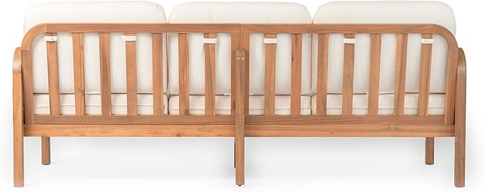 Christopher Knight Home Jidah Acacia Wood Outdoor 3 Seater Sofa with PE Wicker Armrest, Solid Wood Patio Sofa with Removable Cushion, Comfy Lounge Sofa for Patio Furniture Set, Light Teak+Beige