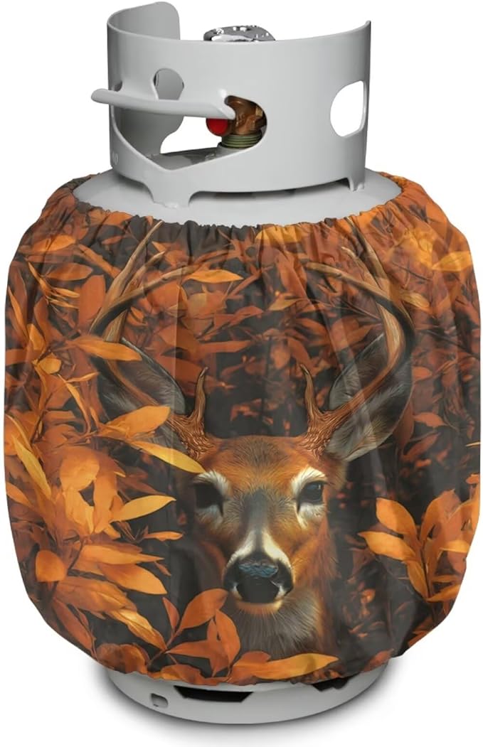 Camper Dual Propane Tank Cover Camo Deer Outdoor 600D Heavy Duty Waterproof Covers Fits Standard 20 lb Cylinder, 13.7'' x 16.5'' for Rv Traile