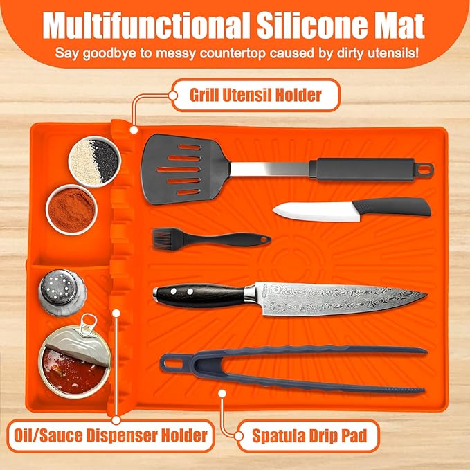 Silicone Grill Mat for Blackstone, Griddle Tool Organizer with Drip Pad, Heat Resistant Non Slip Spatula Holder for Grill Side Shelf, Flat Top BBQ Accessories for Camping Tailgating, Orange