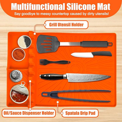 Silicone Grill Mat for Blackstone, Griddle Tool Organizer with Drip Pad, Heat Resistant Non Slip Spatula Holder for Grill Side Shelf, Flat Top BBQ Accessories for Camping Tailgating, Orange