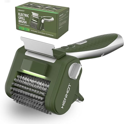 Electric Grill Brush - Heavy Duty Cordless BBQ Grill Cleaning Brush with High Torque, LED Light, Detachable Stainless Steel Head, Support Roller, for Outdoor Cast Iron & Stainless Steel Grates