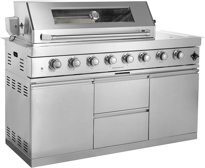 153" 6-Burner 96000 BTU Deluxe Outdoor Kitchen Island,304 Stainless Steel Modular LPG BBQ Grill Combination With Granite Countertops, Storage Cabinet, Refrigerator and Sink (153"-Siver, Propane Gas)
