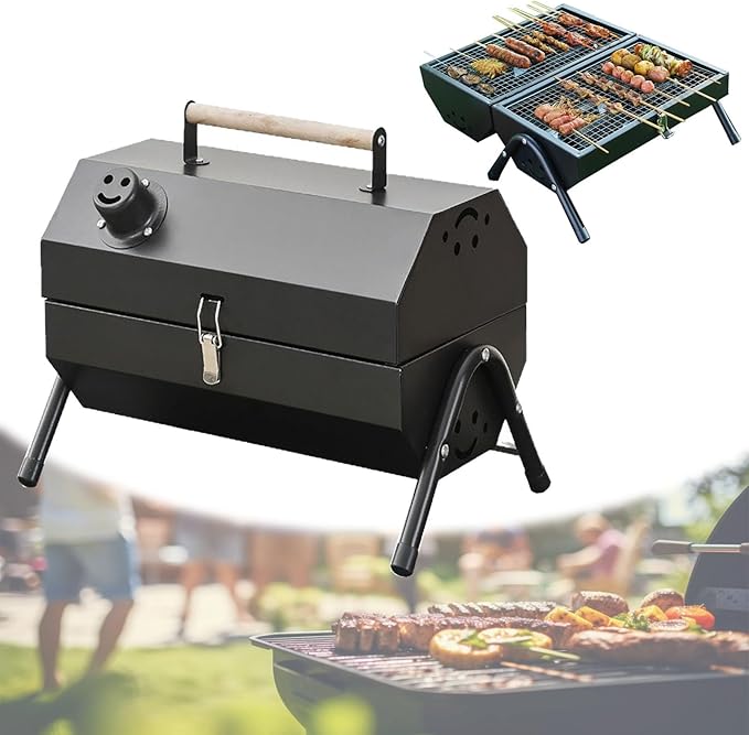 Portable Charcoal Grill, with Double-Sided Grate, Tabletop Outdoor Barbecue Smoker, Small BBQ Grill for Outdoor Cooking Backyard Camping Picnics Beach(Black)