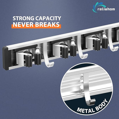 reliahom Broom Holder Wall Mount Mop Hanger Tools organizer 5Racks 4Hooks | Adjustable Mop Broom Wall Hanging Heavy duty Tools Storage Rack Space-saving for Garage,Kitchen,Laundry Room,Garden, Black