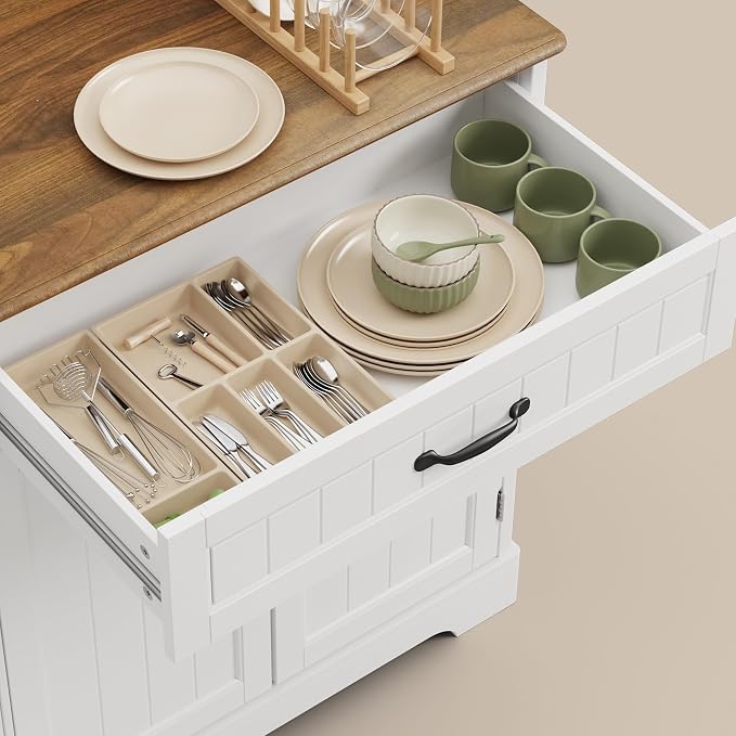 Coffee Bar, Storage Cabinet, White and Rustic | Buffet Cabinet, Sideboard Cabinet with Internal Storage Shelf for Dining Room, Kitchen, Living Room, Kitchen and Laundry Room
