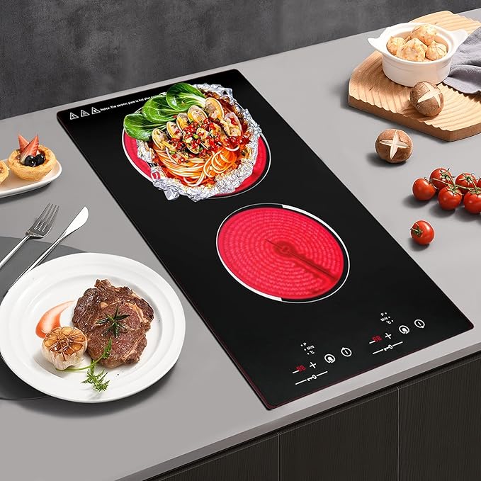 2 Burner Electric Stove - 20 Inch Portable Cooktop with LED Display, Child Safety Lock and Timer, 1500W 9 Power Level Ceramic Cooktop
