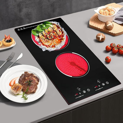 2 Burner Electric Stove - 20 Inch Portable Cooktop with LED Display, Child Safety Lock and Timer, 1500W 9 Power Level Ceramic Cooktop
