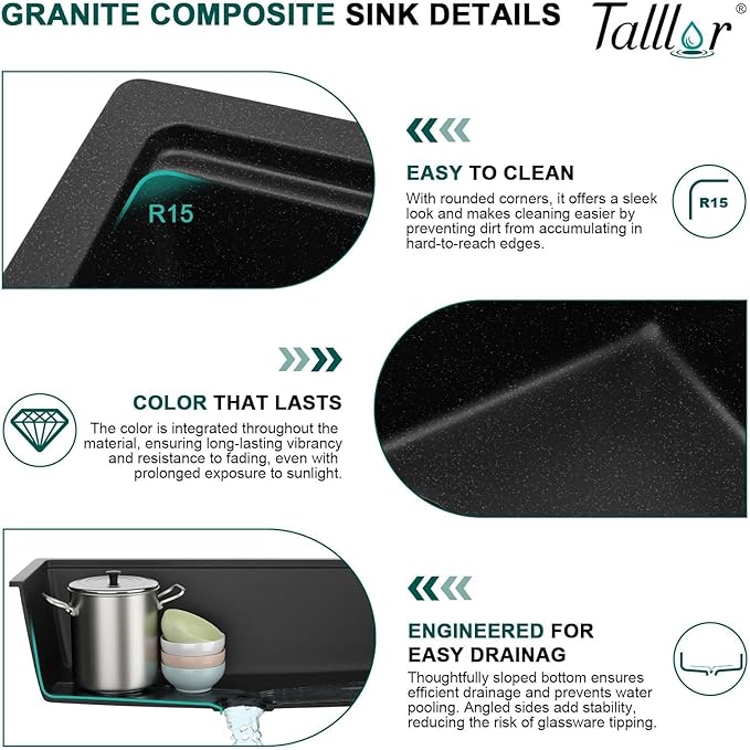 32x19 Inch Granite Composite Kitchen Sink - Matte Black Undermount Workstation Classic Quartz Under Counter Single Bowl All-In One Sinks for Kitchen #TLGU-132