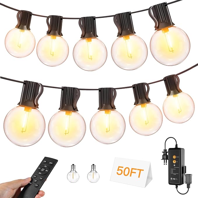50FT Outdoor String Lights with Remote, 25 + 2 Spare G40 LED Bulbs Plug in Connectable Dimmable Patio Lights, Waterproof Hanging Lights for Outside Backyard Balcony Yard Deck Party
