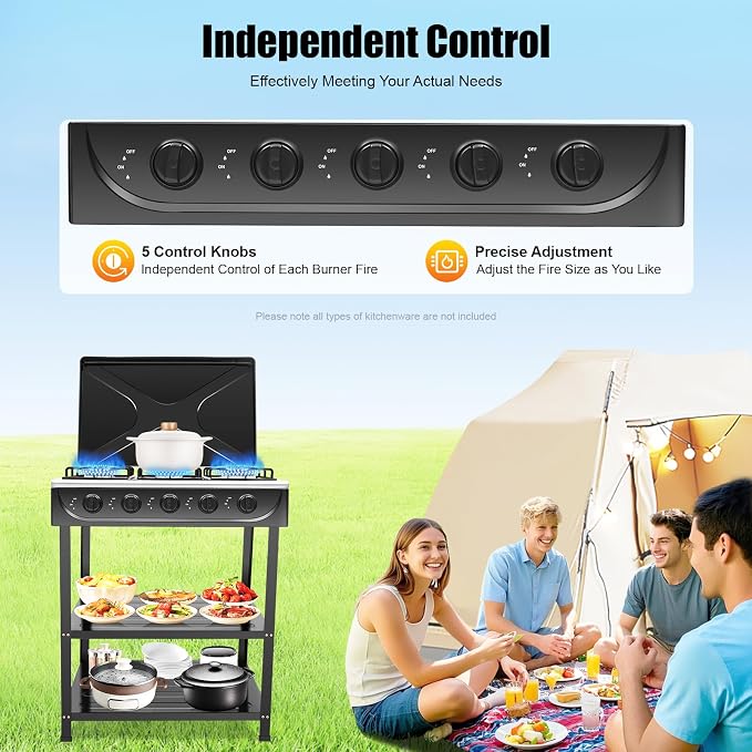 5 Burner Gas Stove, Portable Natural Gas Stove with Support Leg Stand and Wind Blocking Cover Adapter, Manual Ignition Camping Stove, ideal for Home Cooking, RV, Apartment, Commercial Purpose (Black)